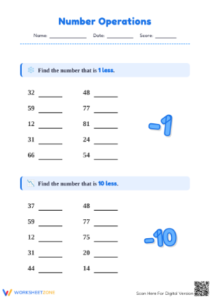 Printable 1 and 10 Less Worksheet | Grade 2 Math