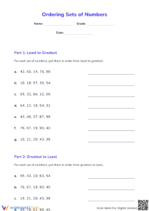 Printable Ordering Sets of Numbers Worksheet | Grade 2 Math