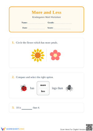 Grade K More or Less Comparison: Essential No-Prep Math Worksheet