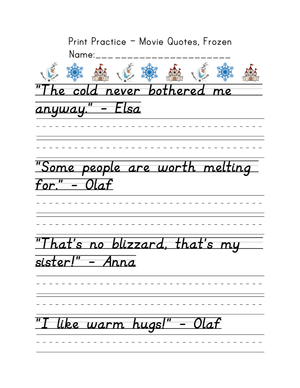 Print Practice: Frozen Movie Quotes Handwriting