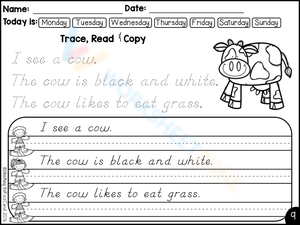 Trace, Read, and Copy Sentences About a Cow