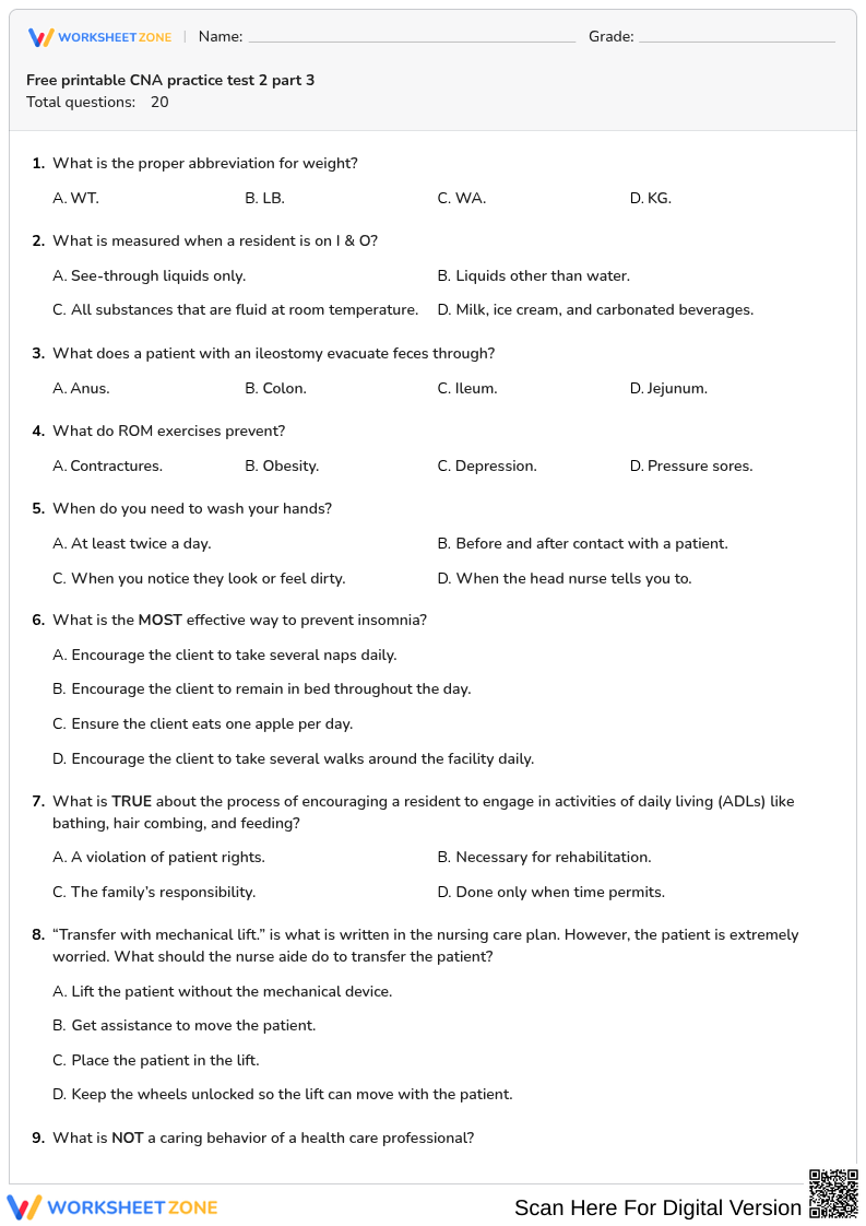 Free printable CNA practice test 2 part 3