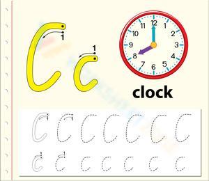 Tracing Cursive Letter C With Clock Picture