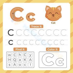 Letter C Trace, Find, and Color with Cute Cat Activity