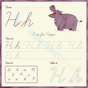 Hippo-themed Tracing: Cursive Letter H