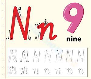 Letter N for Nine Tracing Worksheet