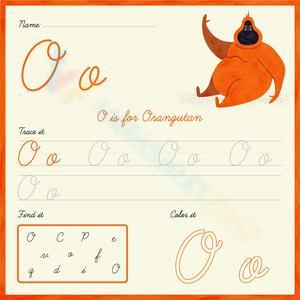 Letter O Orangutan Worksheet: Cursive Writing for Kids