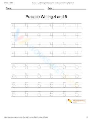 Practice Number Tracing 4 and 5 Worksheet
