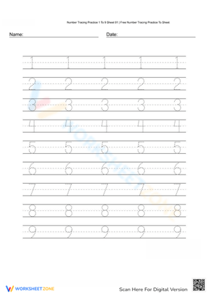 Trace Numbers 1-9 Worksheet for Early Learners