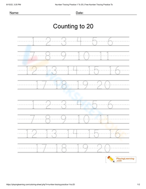 Practice Number Tracing 1 to 20 Worksheet