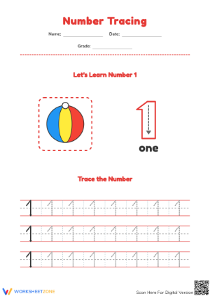 Printable Number 1 Tracing Worksheet for Kindergarten