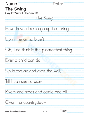 The Swing Poem Handwriting Worksheet for Kids

