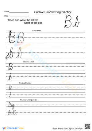 Cursive Letter B Tracing and Writing