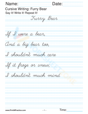 Fancy Cursive: 'Furry Bear' Handwriting Practice