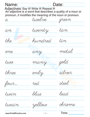 Adjective Practice: Short Common Adjective Words
