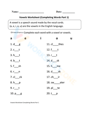 Complete Words with Vowels Worksheet - Part 1