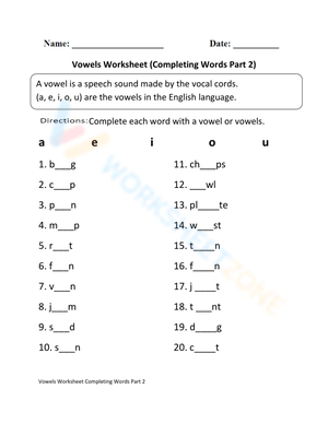 Vowels Worksheet: Completing Words Part 2 for Practice