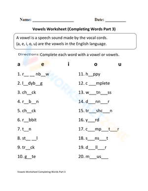 Vowels Worksheet: Complete Words Part 3 for Kids