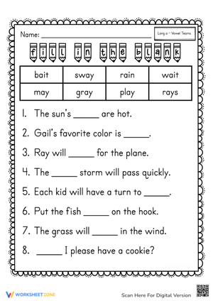 Long A Vowel Teams Phonics Fill In The Blank Sentences