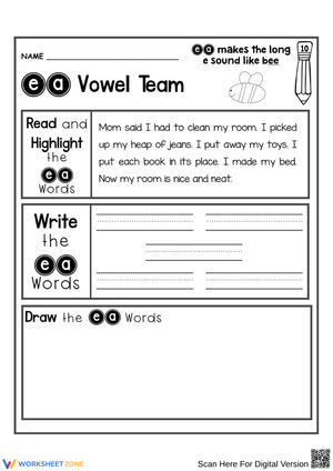 EA Vowel Team Worksheet – Long E Sound Practice