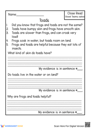 Toads Reading Comprehension and Vowel Teams Practice