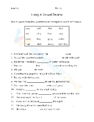 Long A Vowel Teams Sentence Completion Worksheet