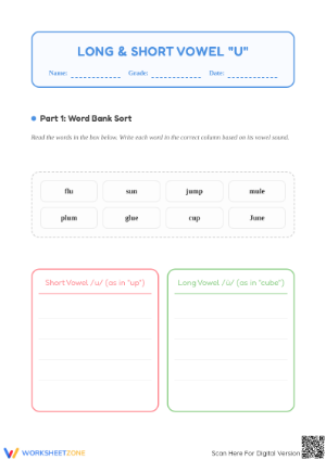 Long and Short Vowel U Printable Worksheet | Grade 1