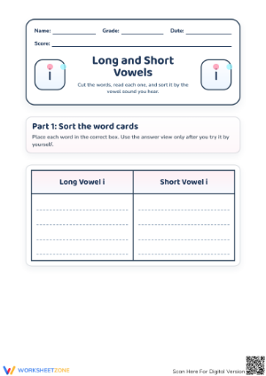 Essential Long I vs Short I Vowel Sort | Grade 1