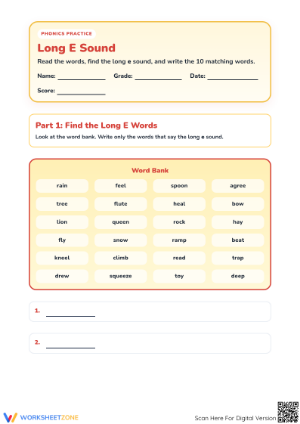 Long E Phonics Worksheet | Grade 2-3 Essential