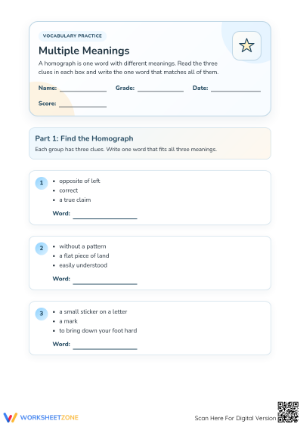 Multiple Meanings Homograph Worksheet | Grade 2 Essential