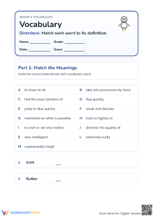 Grade 3 Vocabulary Mastery — Printable No-Prep Worksheet