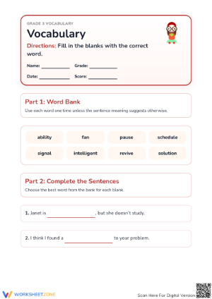 Essential Grade 3 Vocabulary Practice | Printable Worksheet