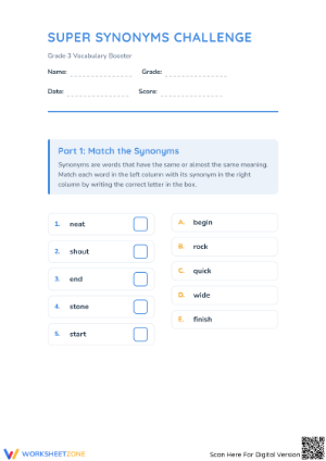 Printable Synonym Challenge Worksheet | Grade 3 ELA