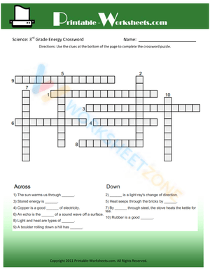 3th Grade Science Energy Crossword