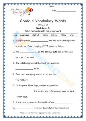 4th grade vocabulary worksheets 2