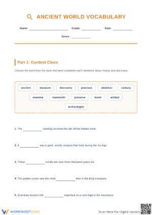 Grade 4 Ancient World Vocabulary — Printable Worksheet