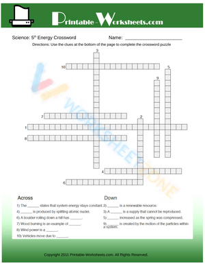 5th Grade Energy Science Crossword | Printable Guide
