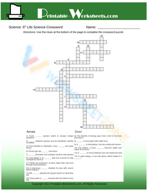 5th Grade Science Life Science Crossword