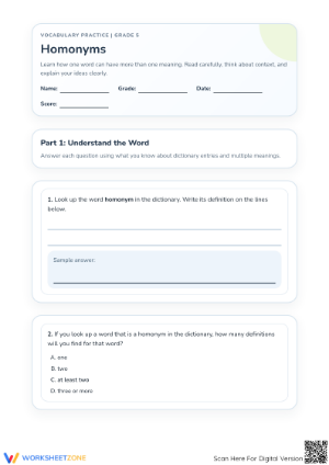 Essential Homonyms Worksheet | Grade 5 Vocabulary