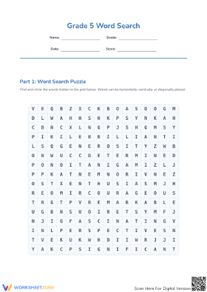 Printable Grade 5 Vocabulary Word Search Worksheet