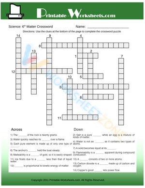 6th Grade Science Matter Crossword