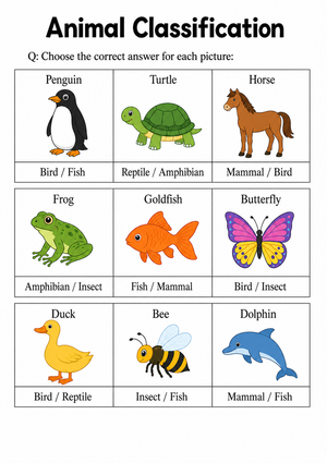 Grade 1 Animal Classification — Printable No-Prep Worksheet