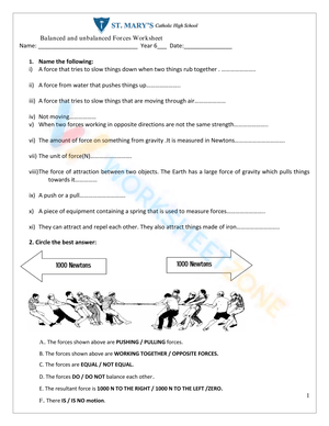 Balanced and unbalanced Forces Worksheet