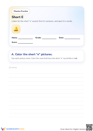 Short E Phonics Worksheet | Grade 1 Printable