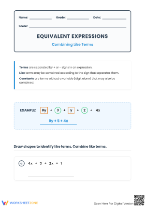 Printable Combining Like Terms Worksheet | Grade 6-7