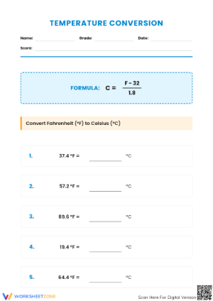 Printable Fahrenheit to Celsius Conversion | Math Worksheet