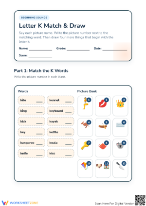 Letter K Beginning Sounds Worksheet | Grade 1 Essential