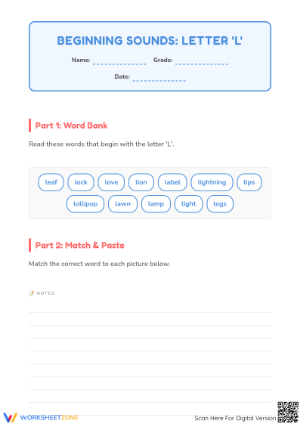 Beginning Sound Letter L Worksheet | Essential Phonics