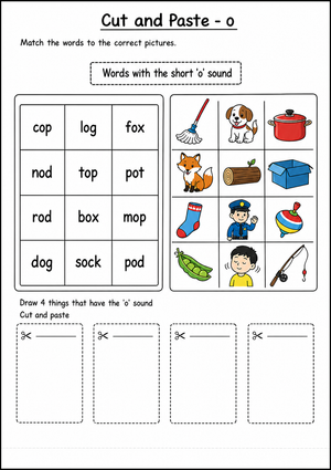 Printable Short O Cut and Paste Worksheet | Grade 1