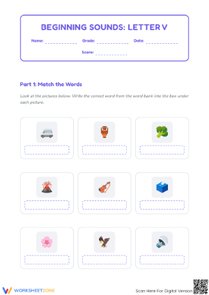Letter V Beginning Sounds Worksheet | Grade K Printable